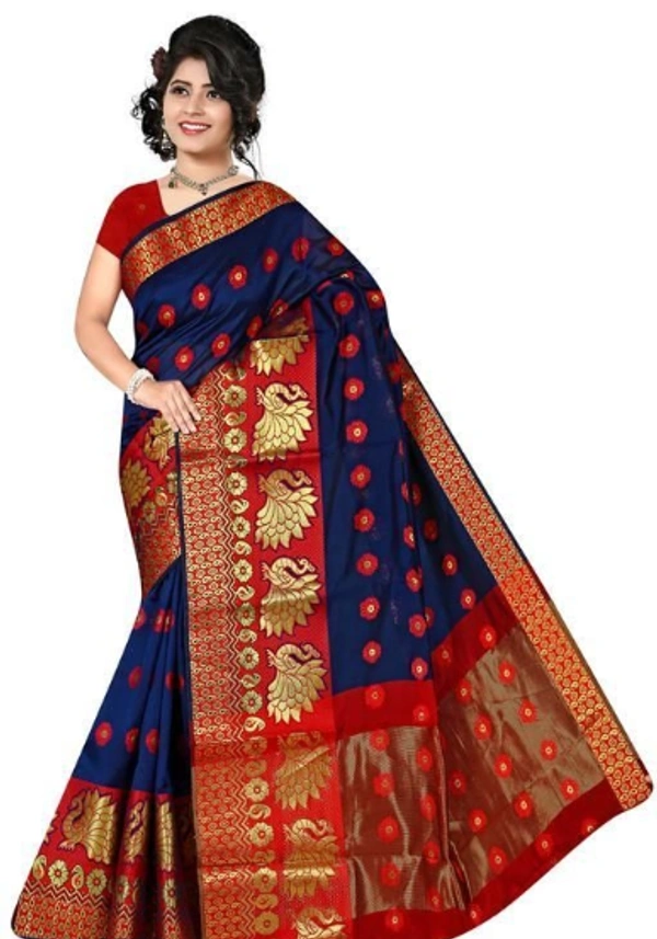 Jacquard Work Banarsi Cotton Silk  Saree With Blouse Piece -  Free Size,    Blue,  Banarasi Cotton, Pack of1